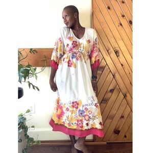 JOHNNY Was Loreli SILK Floral Short Sleeve V Neck Kaftan Midi Dress Small NEW